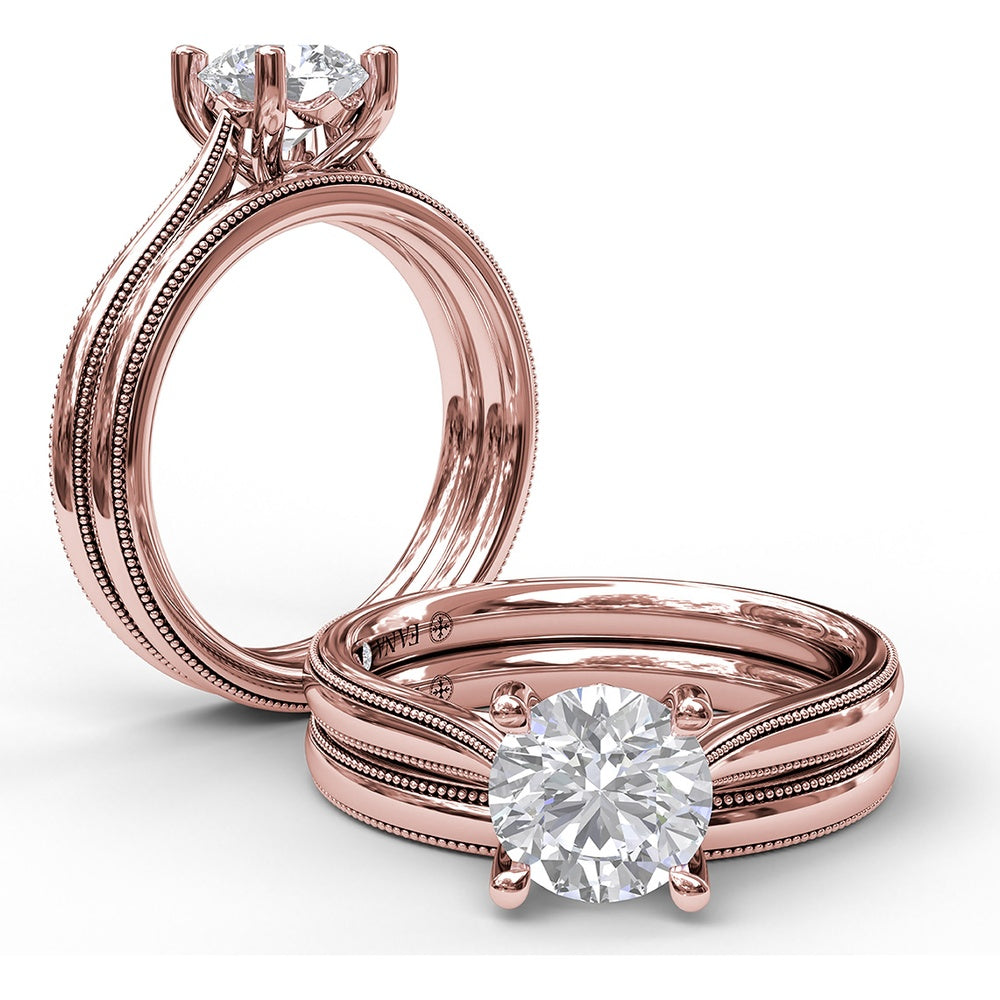 Round Solitaire Engagement Ring Setting with Milgrain-Edged Band and Accent Diamond by Fana