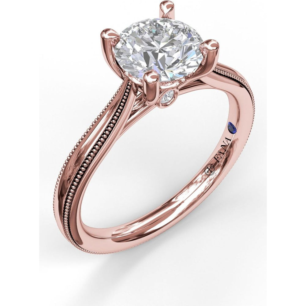 Round Solitaire Engagement Ring Setting with Milgrain-Edged Band and Accent Diamond by Fana