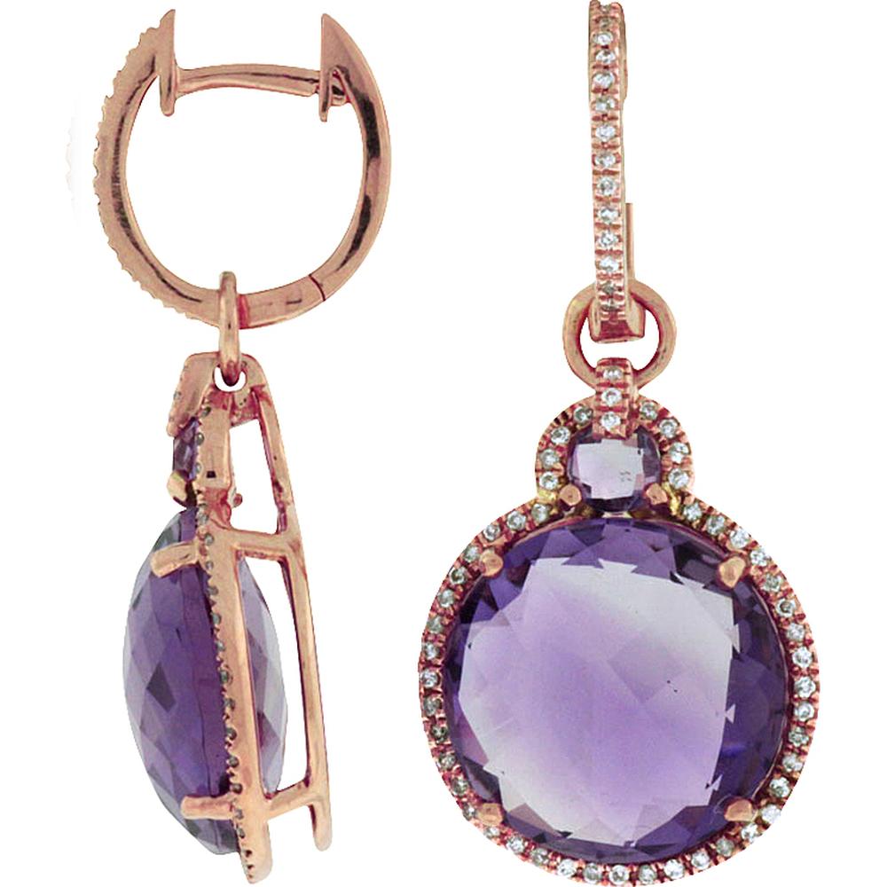 Royal 14K Rose Gold Amethyst and Diamond Earrings - 13.75 Carat Amethyst, 0.30 Carat Diamond Total Weight