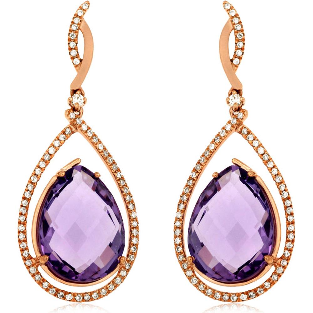 Royal 14K Rose Gold Amethyst & Diamond Earrings - 16.50 Carat Total Gem Weight