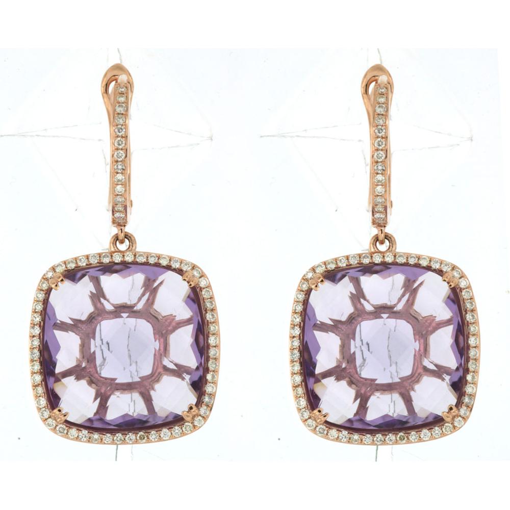 Royal 14K Rose Gold Amethyst & Diamond Earrings - 20.40 Carat Total Gem Weight