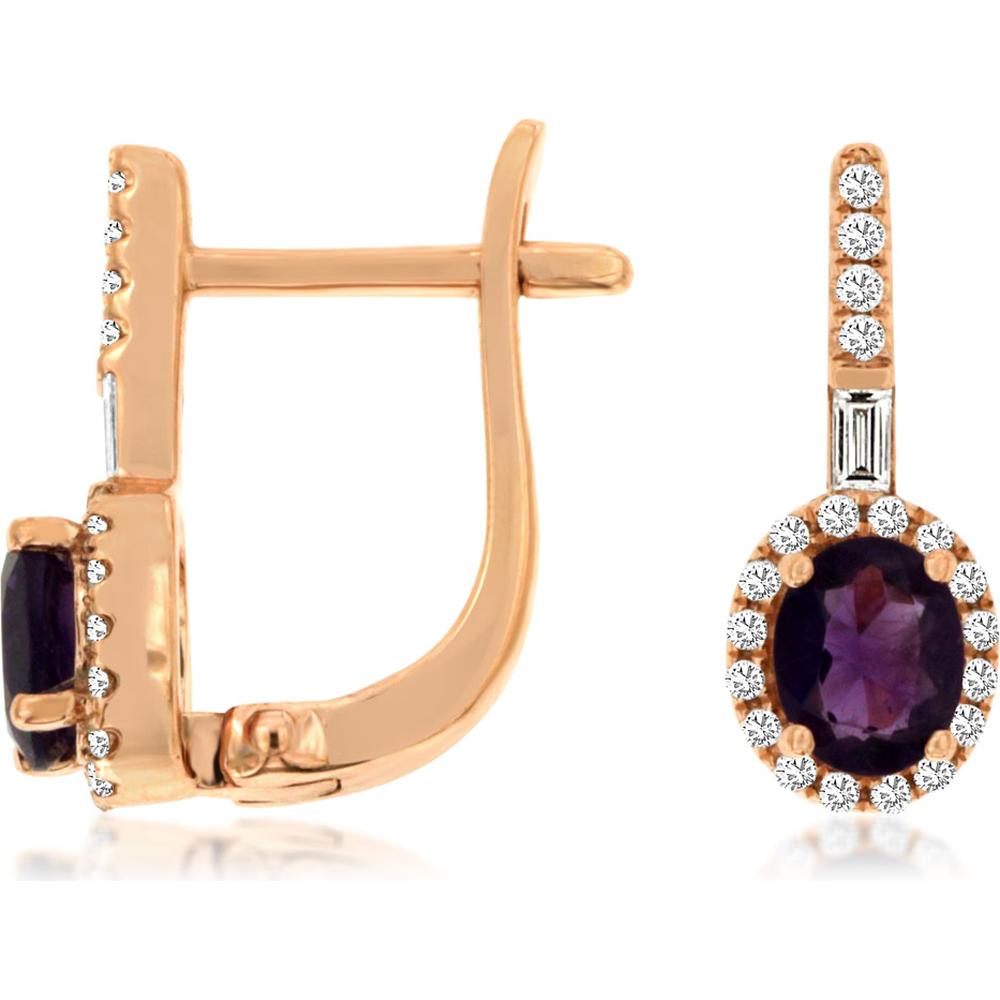 Royal 14K Rose Gold Amethyst and Diamond Halo Drop Earrings - 0.60 Carats Amethyst, 0.20 Carats Total Diamond Weight