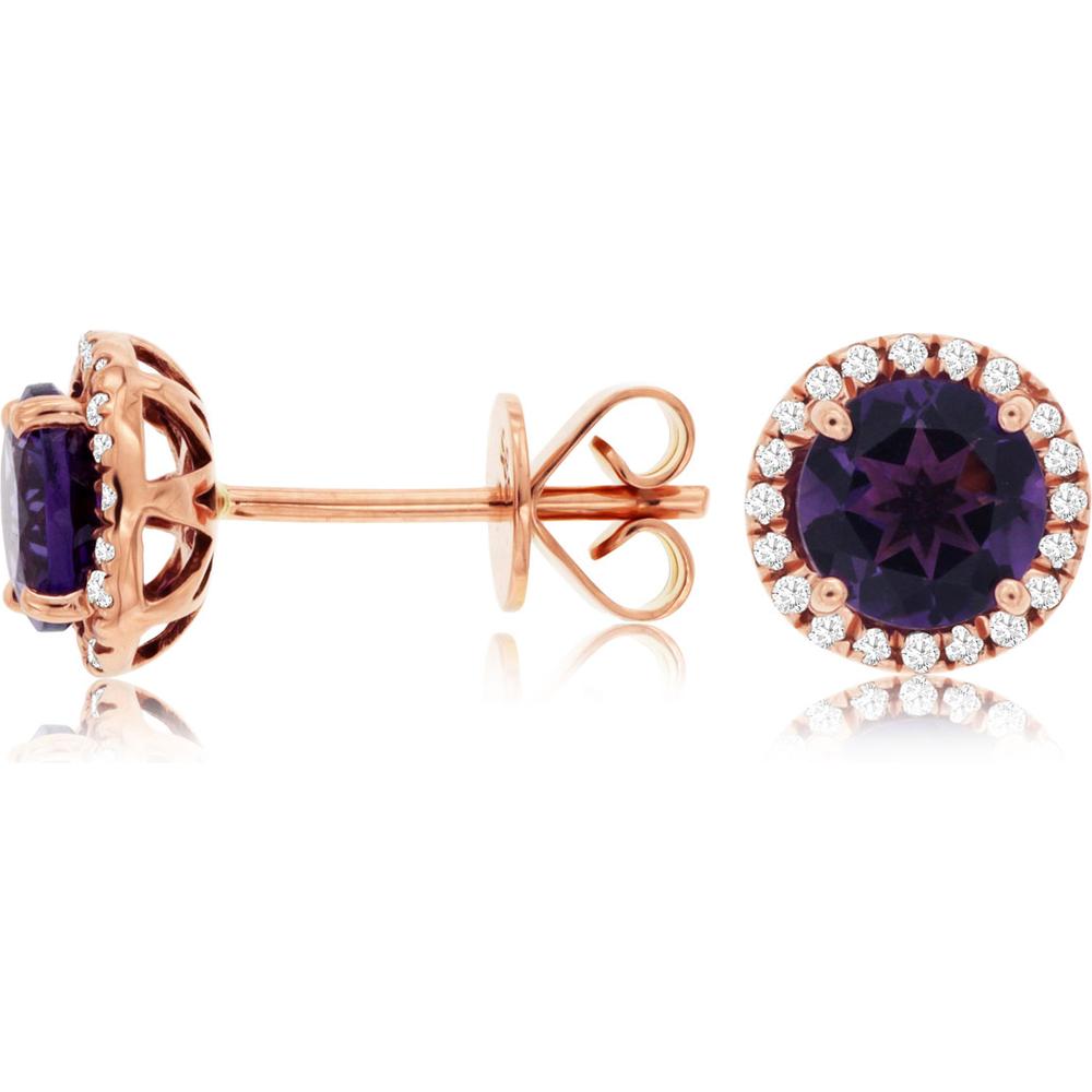 Royal 14K Rose Gold Amethyst & Diamond Halo Earrings - 1.25 Carats Amethyst, 0.16 Carats Diamond Total Weight