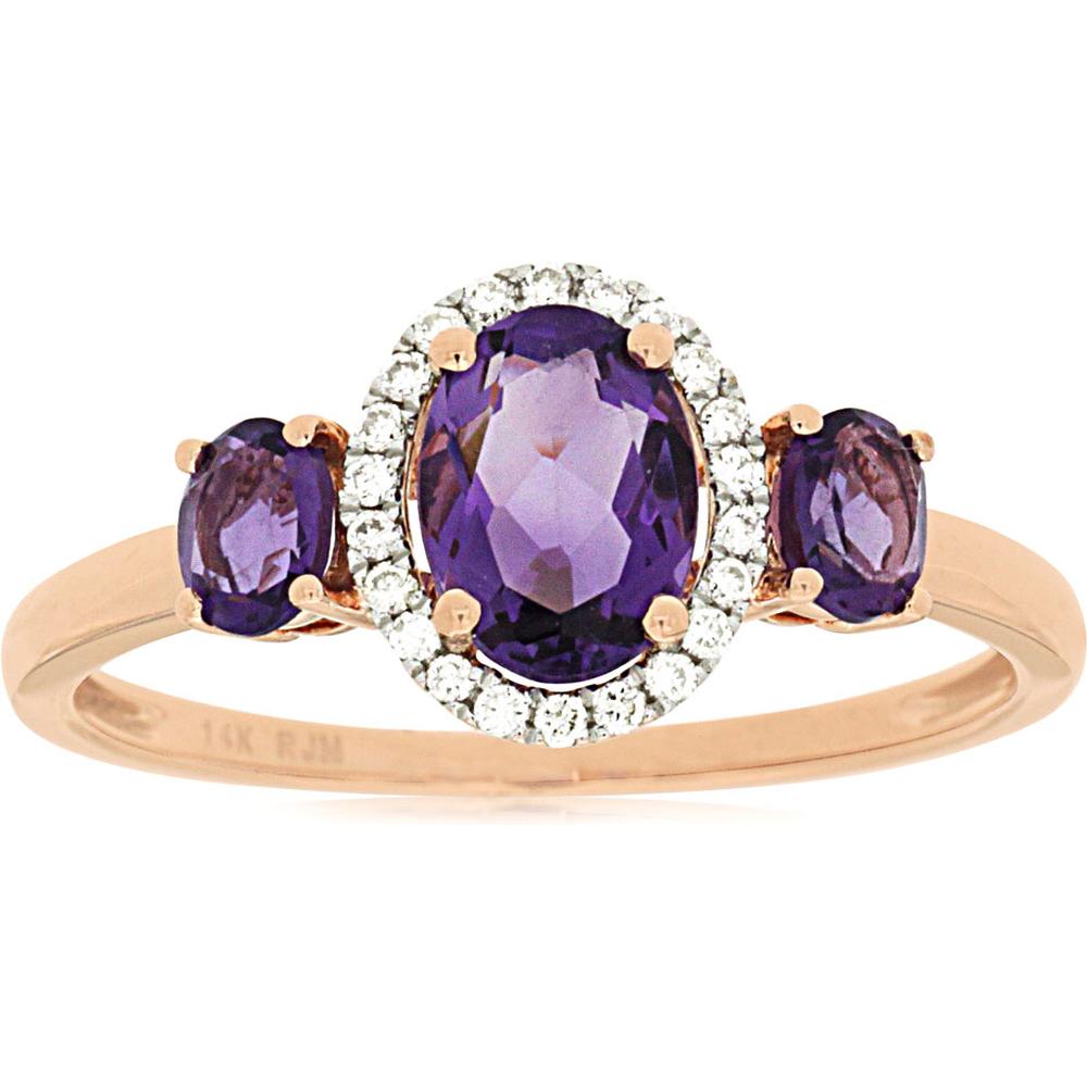 Royal 14K Rose Gold Amethyst & Diamond Halo Three-Stone Ring - 1.10 Carats Total Amethyst Weight, 0.10 Carats Total Diamond Weight
