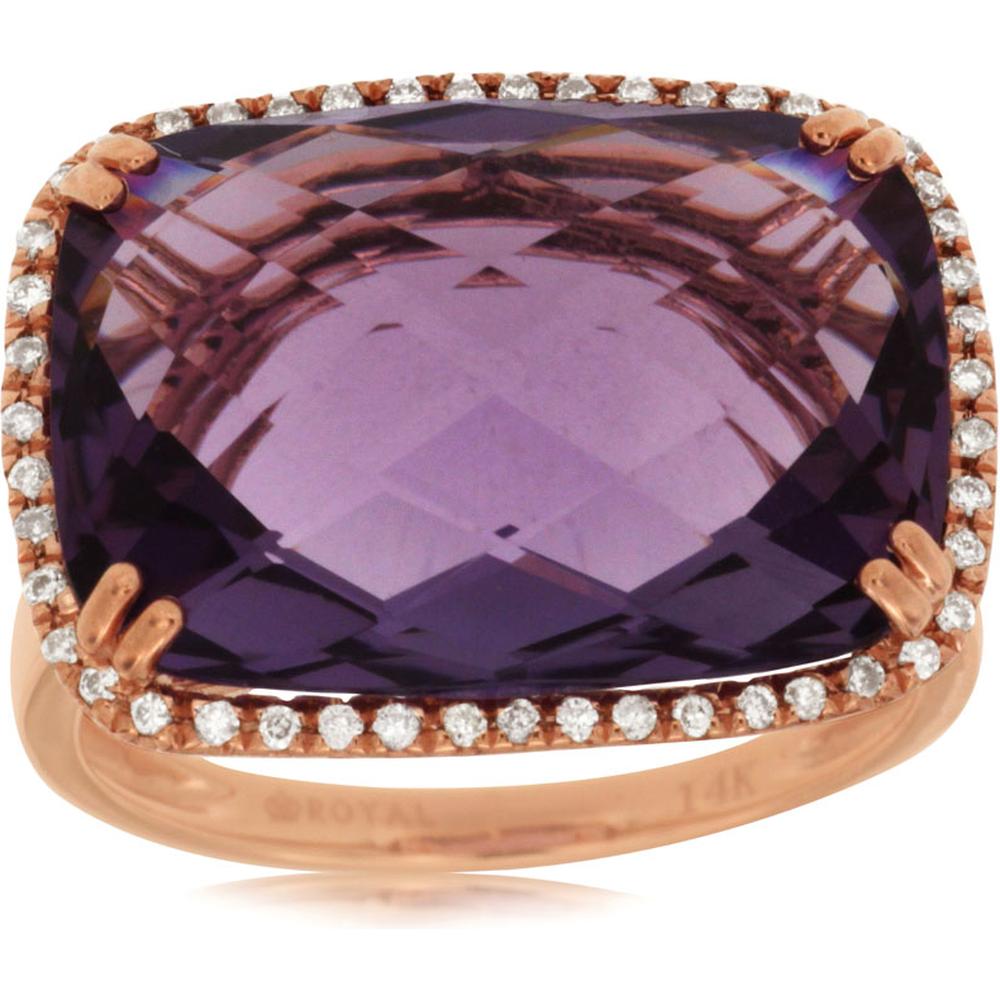 Royal 14K Rose Gold Amethyst & Diamond Ring - 12.20 Carat Total Gem Weight