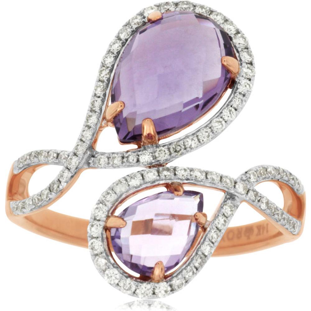 Royal 14K Rose Gold Amethyst & Diamond Ring with Pear-Shaped Amethysts and Round Diamonds - 3.0 Carats Total Gem Weight
