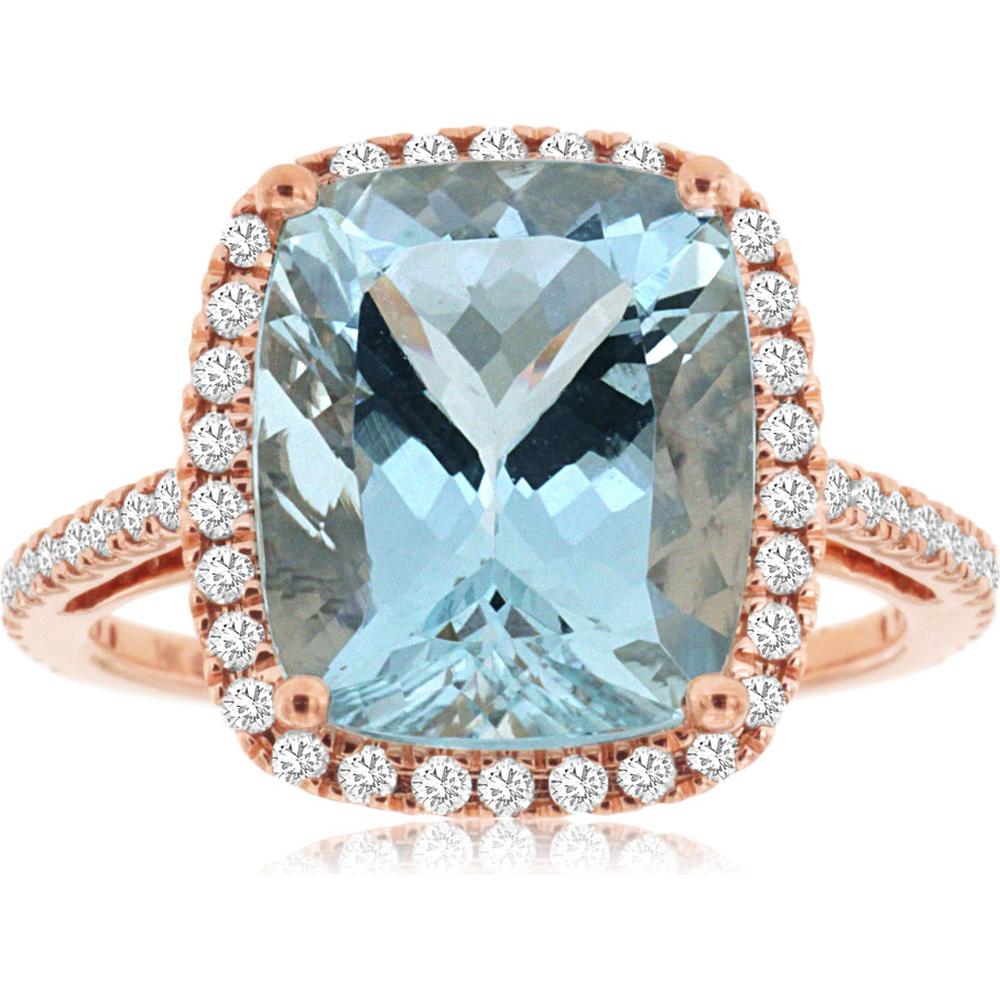Royal 14K Rose Gold Aquamarine & Diamond Cushion Cut Halo Ring - 5.68 Carats Total Weight