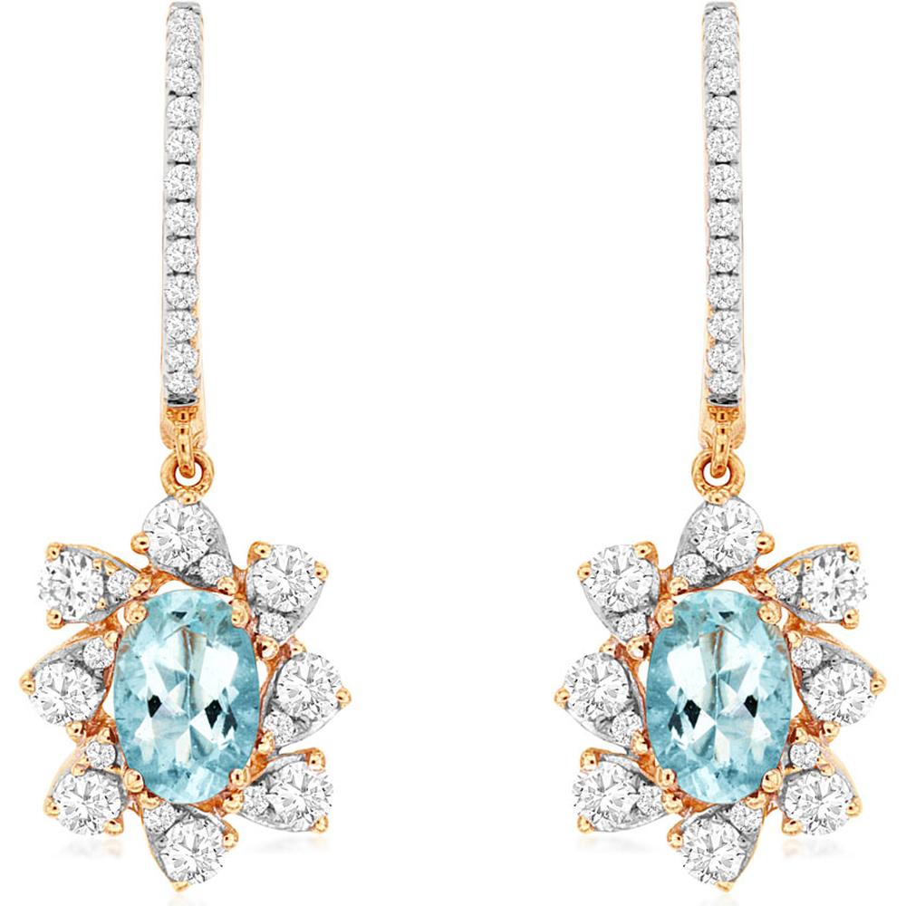 Royal 14K Rose Gold Aquamarine & Diamond Earrings - 0.84 Carat Aquamarine, 0.62 Carat Total Diamond Weight
