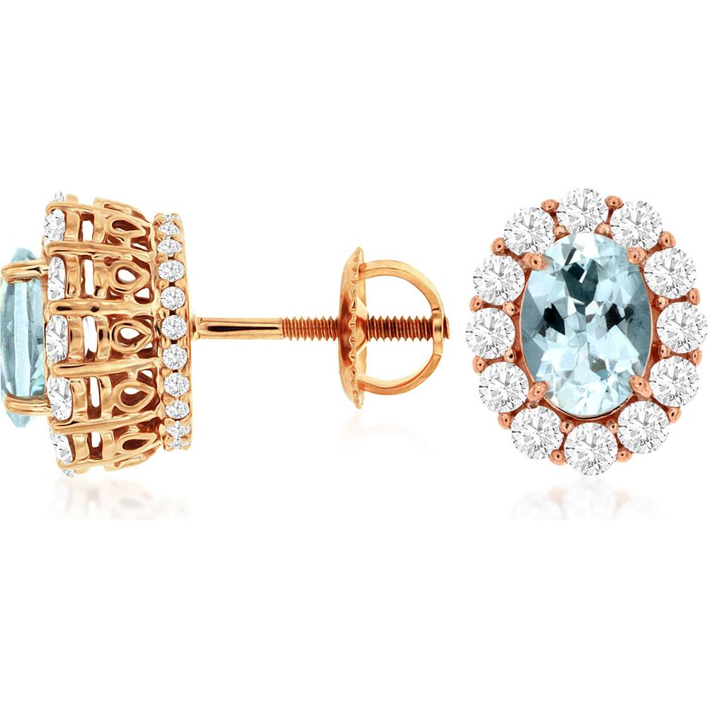 Royal 14K Rose Gold Aquamarine & Diamond Earrings - 1.00 Carat Total Aquamarine Weight - 1.35 Carat Total Diamond Weight