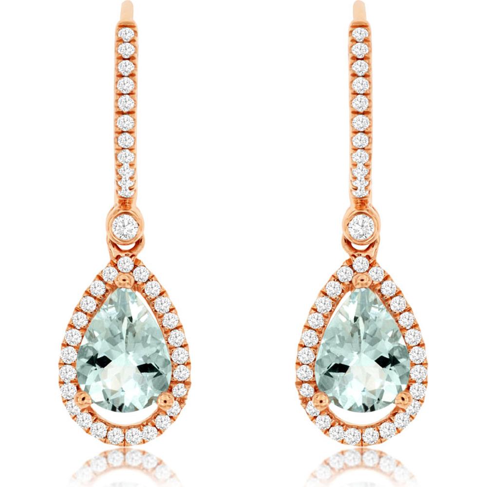 Royal 14K Rose Gold Aquamarine & Diamond Earrings - 1.90 Carat Aquamarine, 0.42 Carat Total Diamond Weight