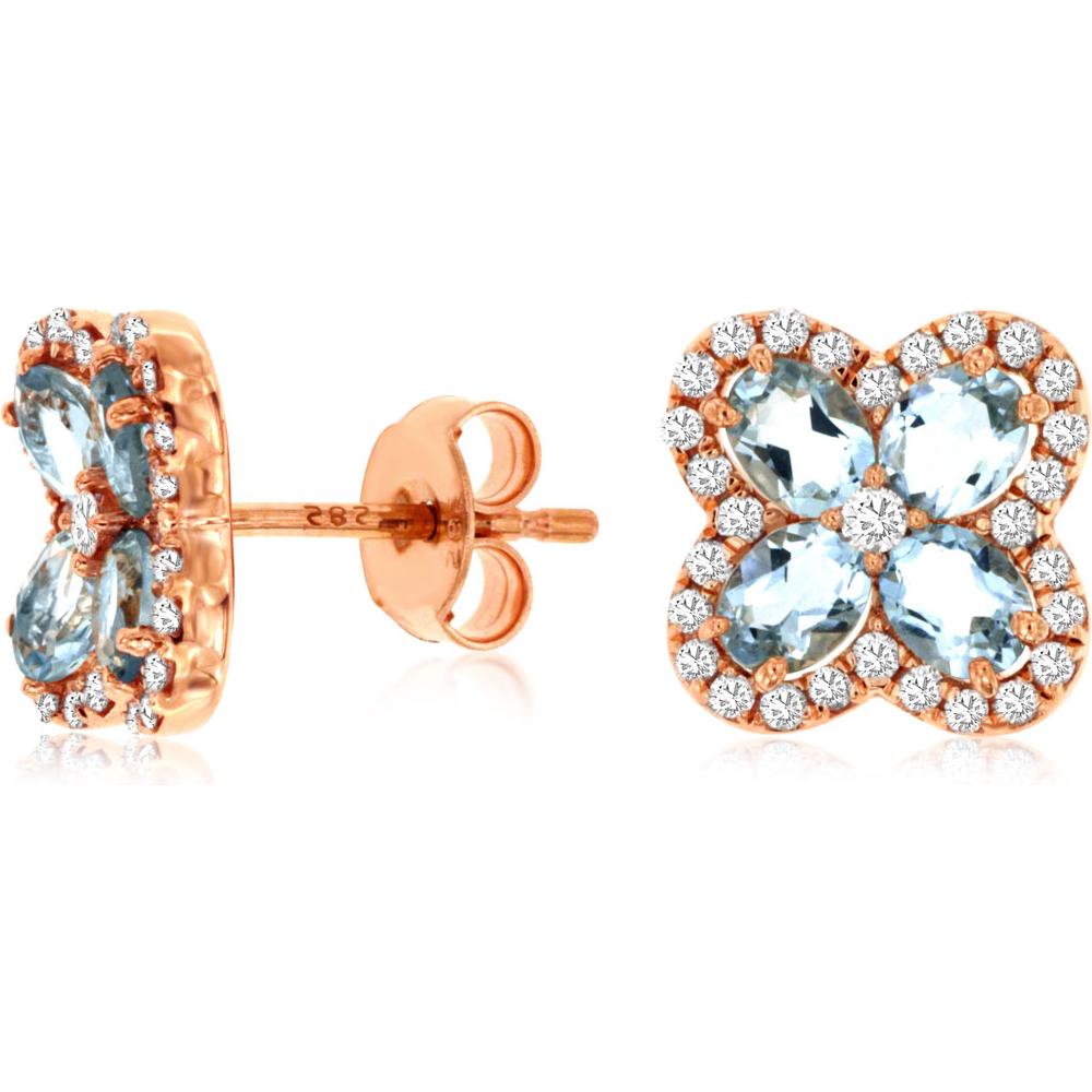 Royal 14K Rose Gold Aquamarine and Diamond Halo Earrings - 1.20 Carats Aquamarine, 0.35 Carats Diamond Total Weight