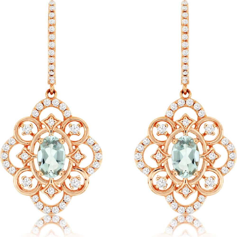 Royal 14K Rose Gold Aquamarine & Diamond Halo Earrings - 1.25 Carat Total Gem Weight