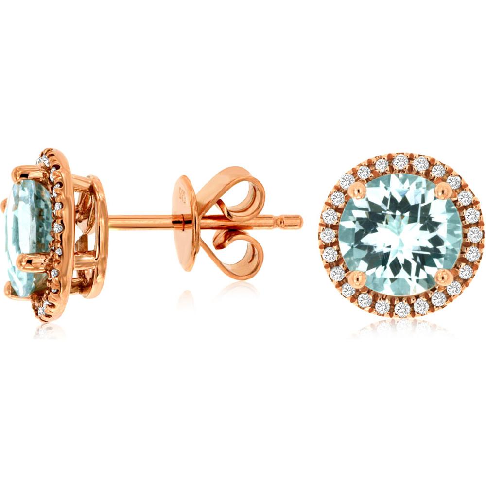 Royal 14K Rose Gold Aquamarine & Diamond Halo Earrings - 2.30 Carats Total Aquamarine Weight, 0.15 Carats Total Diamond Weight