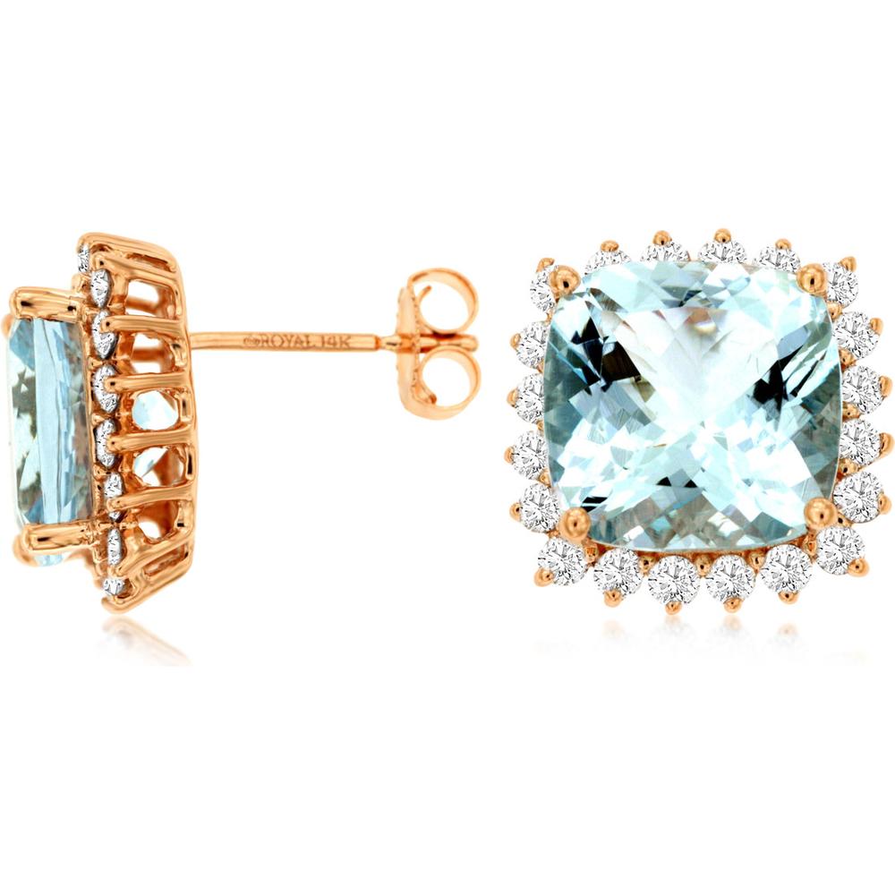 Royal 14K Rose Gold Aquamarine & Diamond Halo Earrings - 7.65 Carats Total Aquamarine Weight, 0.90 Carats Total Diamond Weight