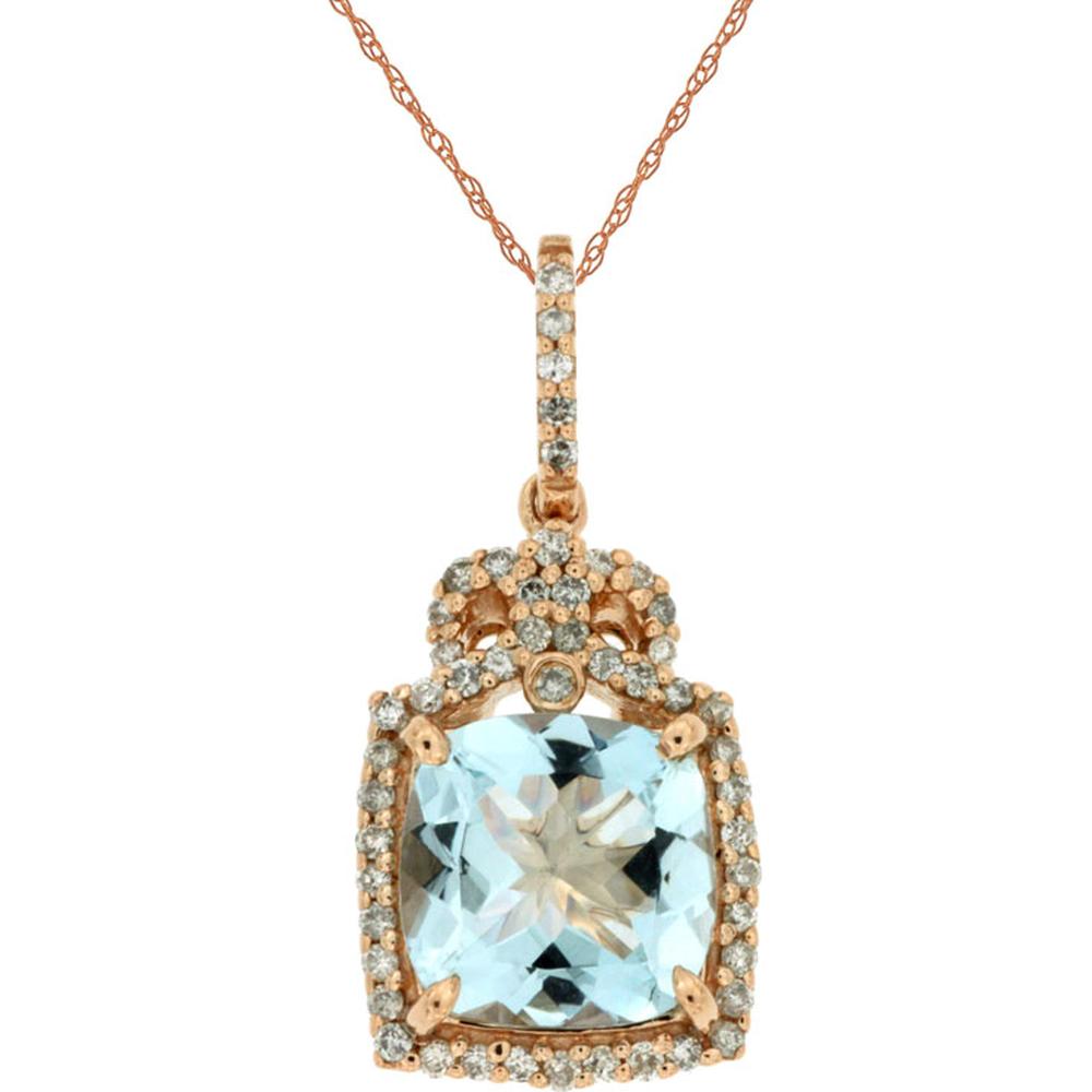 Royal 14K Rose Gold Aquamarine and Diamond Halo Pendant - 1.75 Carat Aquamarine, 0.20 Carat Diamond Total