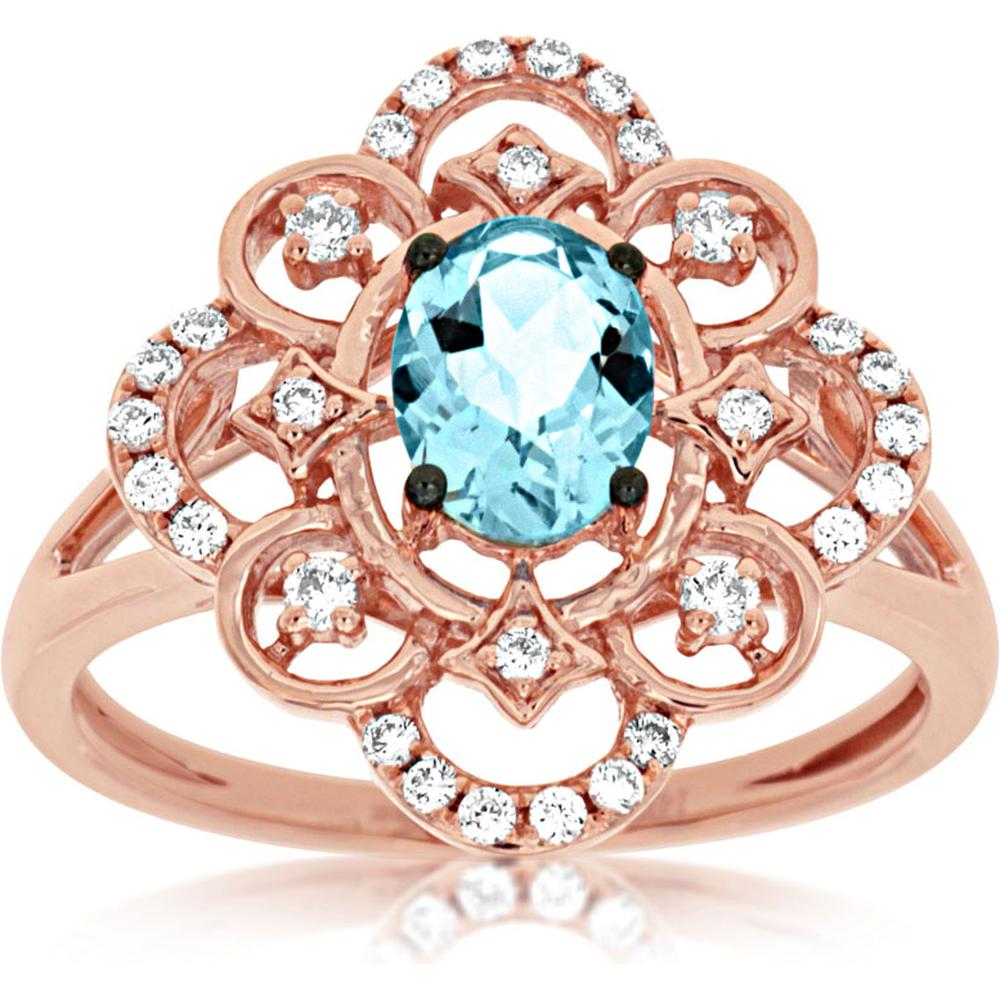 Royal 14K Rose Gold Aquamarine & Diamond Halo Ring - 0.68 Carat Oval Aquamarine, 0.22 Carat Total Diamond Weight