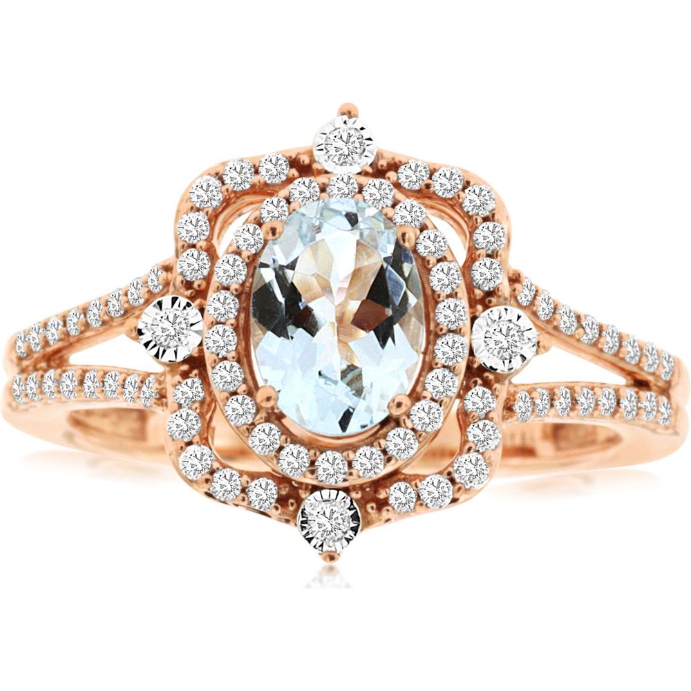 Royal 14K Rose Gold Aquamarine & Diamond Halo Ring - 0.68 Carats Aquamarine, 0.33 Carats Total Diamond Weight