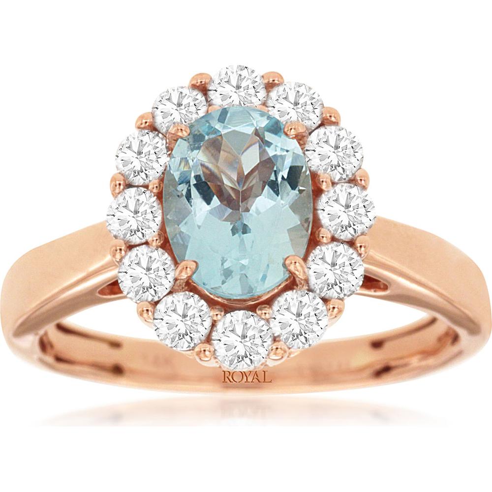 Royal 14K Rose Gold Aquamarine & Diamond Halo Ring - 1.10 Carat Total Gem Weight