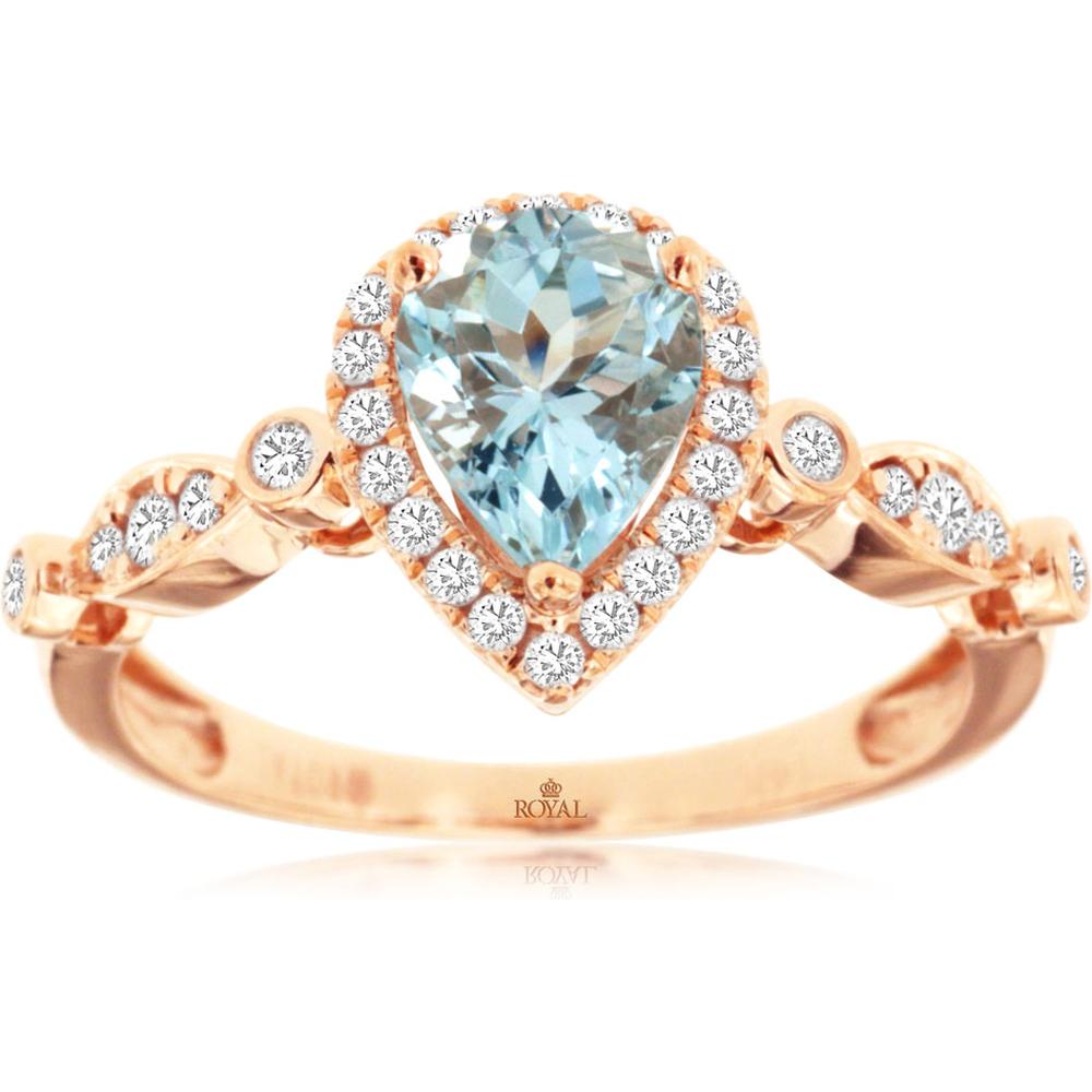Royal 14K Rose Gold Aquamarine & Diamond Halo Ring - 1.15 Carats Total Gemstone Weight
