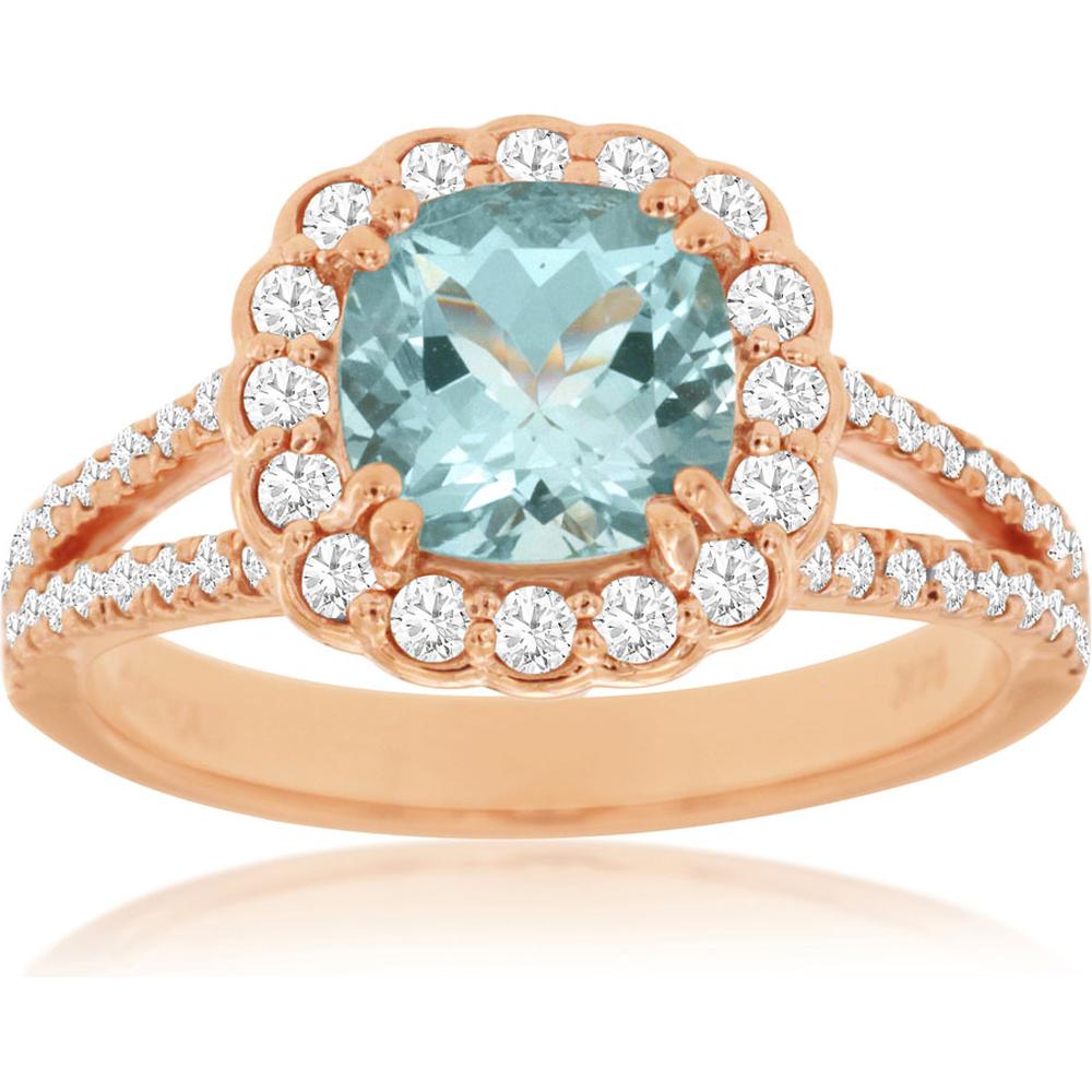 Royal 14K Rose Gold Aquamarine & Diamond Halo Ring - 1.35 Carats Aquamarine, 0.75 Carats Total Diamond Weight