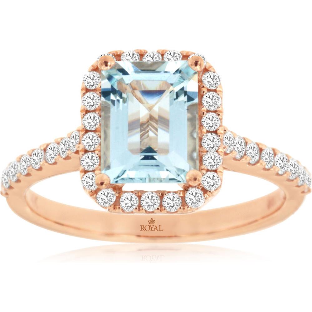 Royal 14K Rose Gold Aquamarine & Diamond Halo Ring - 1.45 Carats Aquamarine, 0.45 Carats Diamond Weight