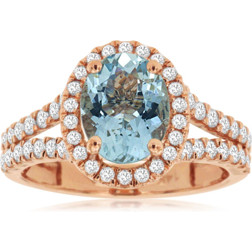 Royal 14K Rose Gold Aquamarine & Diamond Halo Ring - 1.45 Carats Aquamarine, 0.72 Carats Diamond Total Weight