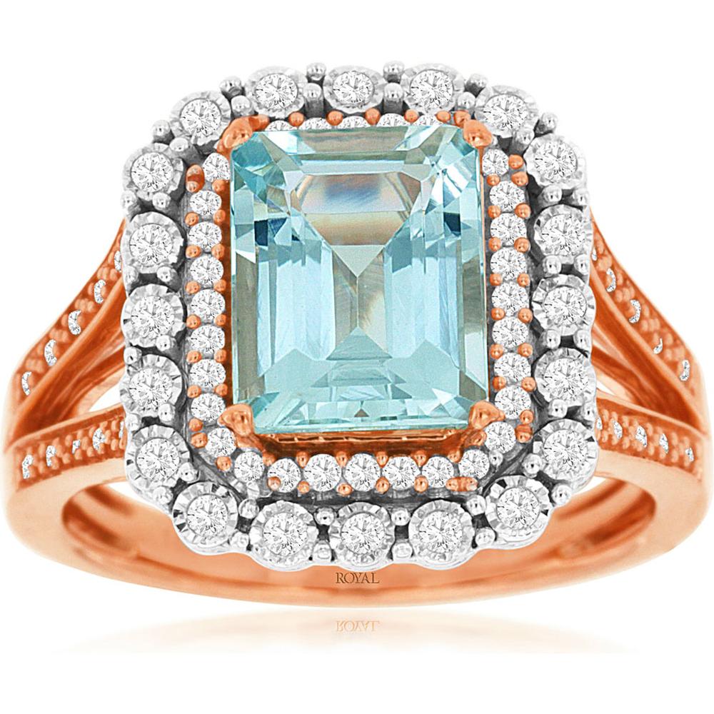 Royal 14K Rose Gold Aquamarine and Diamond Halo Ring - 2.33 Carats Total Gem Weight