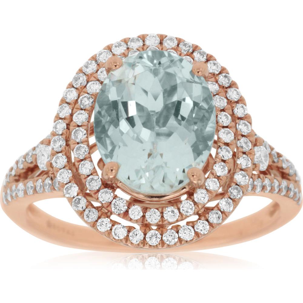 Royal 14K Rose Gold Aquamarine and Diamond Halo Ring - 2.49 Carats Total Weight