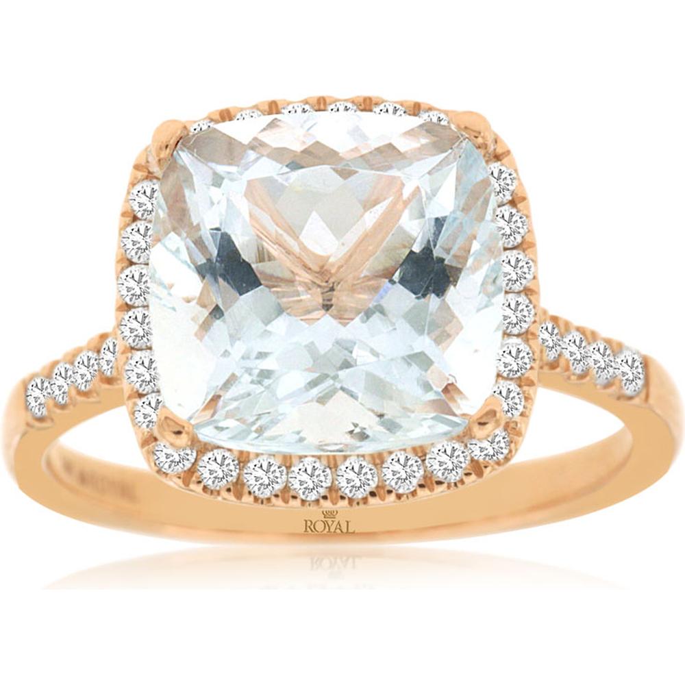 Royal 14K Rose Gold Aquamarine & Diamond Halo Ring - 3.35 Carats Aquamarine, 0.30 Carats Total Diamond Weight