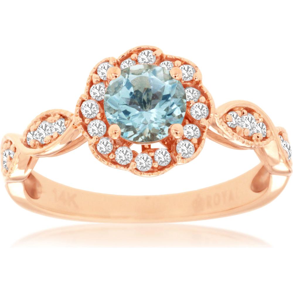 Royal 14K Rose Gold Aquamarine and Diamond Halo Ring - Exquisite Oceanic Beauty