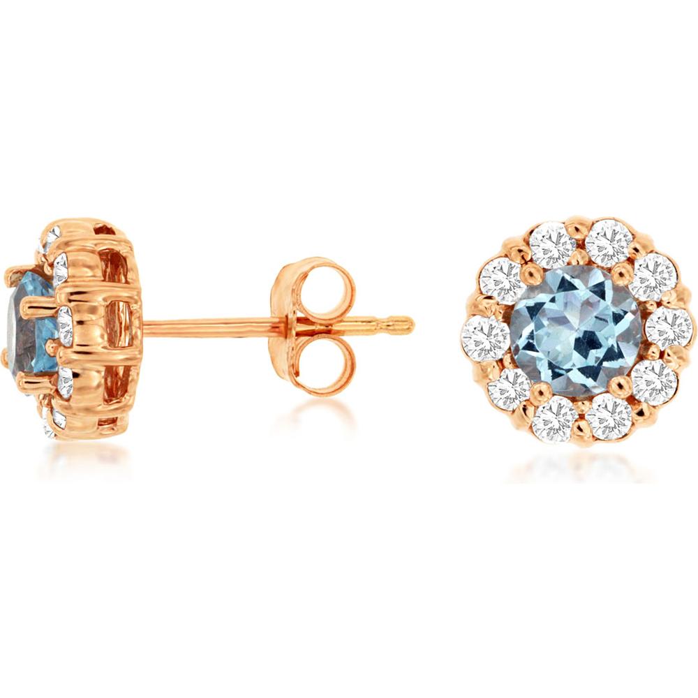 Royal 14K Rose Gold Aquamarine and Diamond Halo Stud Earrings - 1.00 Carat Total Gem Weight