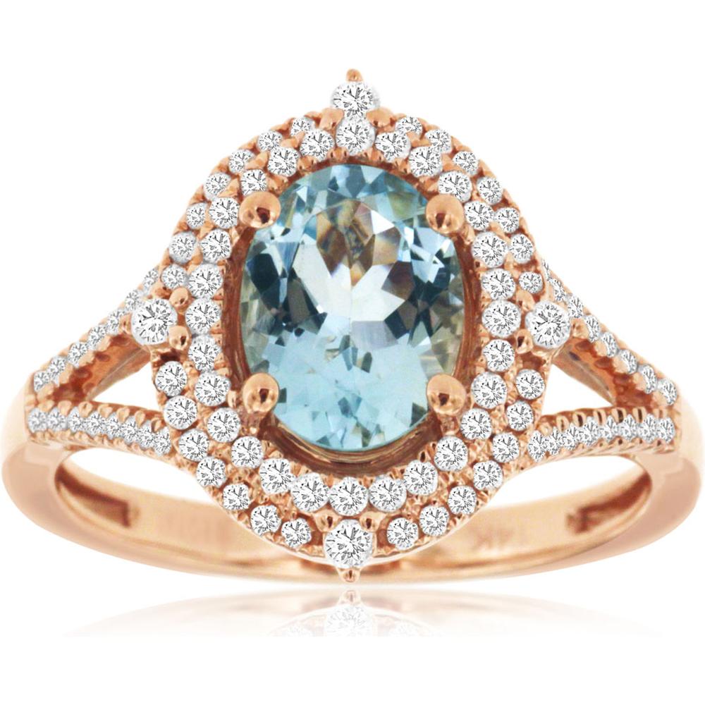 Royal 14K Rose Gold Aquamarine & Diamond Ring - 1.10 Carat Aquamarine, 0.33 Carat Diamonds