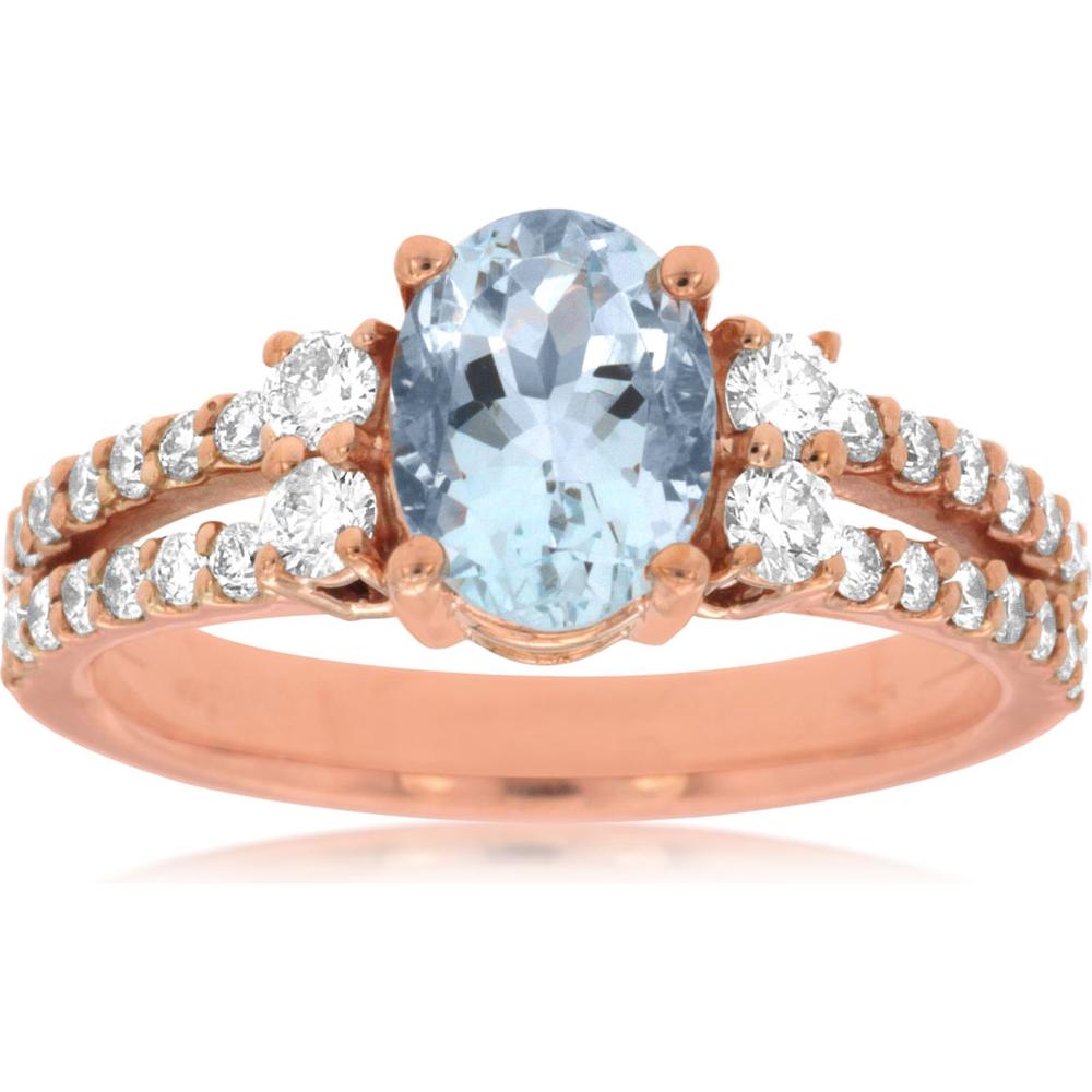 Royal 14K Rose Gold Aquamarine and Diamond Ring - 1.10 Carat Oval Aquamarine - 0.65 Carat Total Diamond Weight
