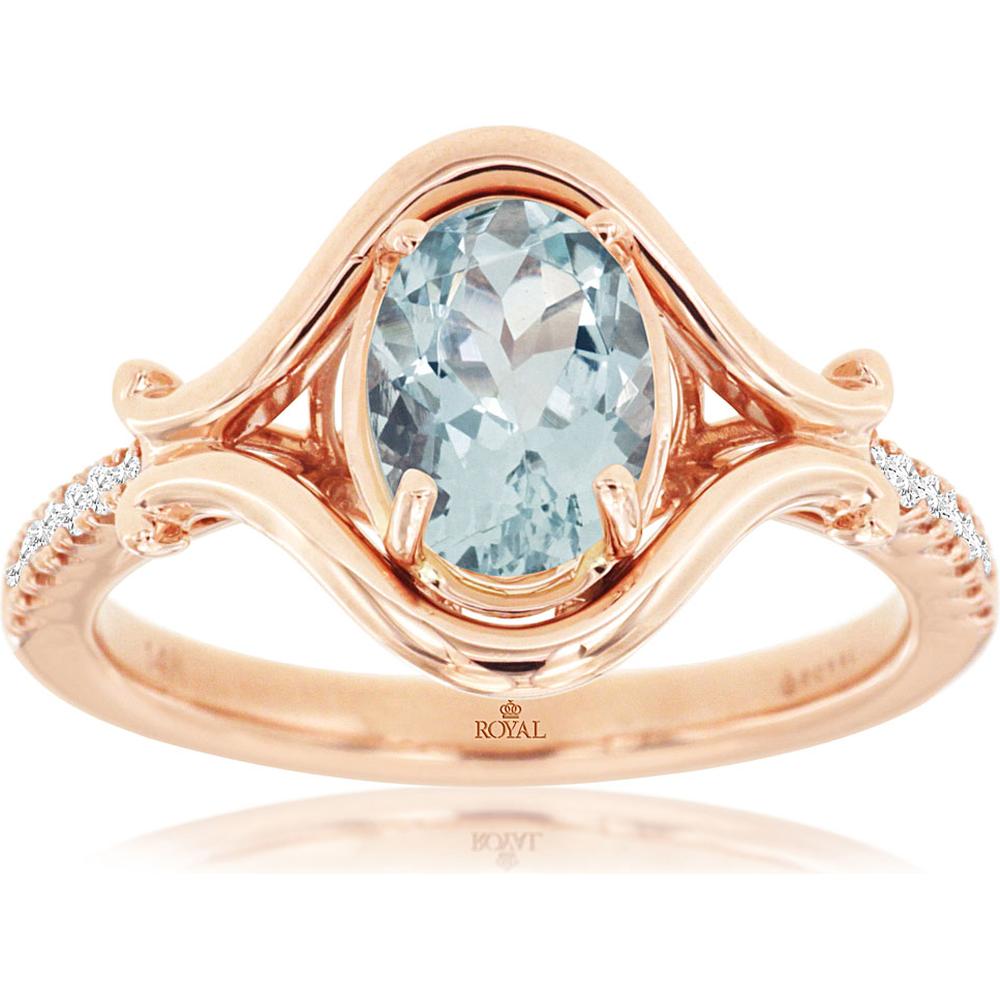 Royal 14K Rose Gold Aquamarine & Diamond Ring - 1.10 Carat Oval Cut Aquamarine, 0.10 Carat Total Diamond Weight