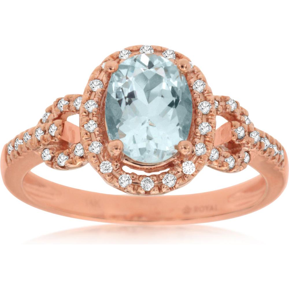 Royal 14K Rose Gold Aquamarine and Diamond Ring - 1.10 Carat Oval Cut Aquamarine, 0.18 Carat Total Diamond Weight