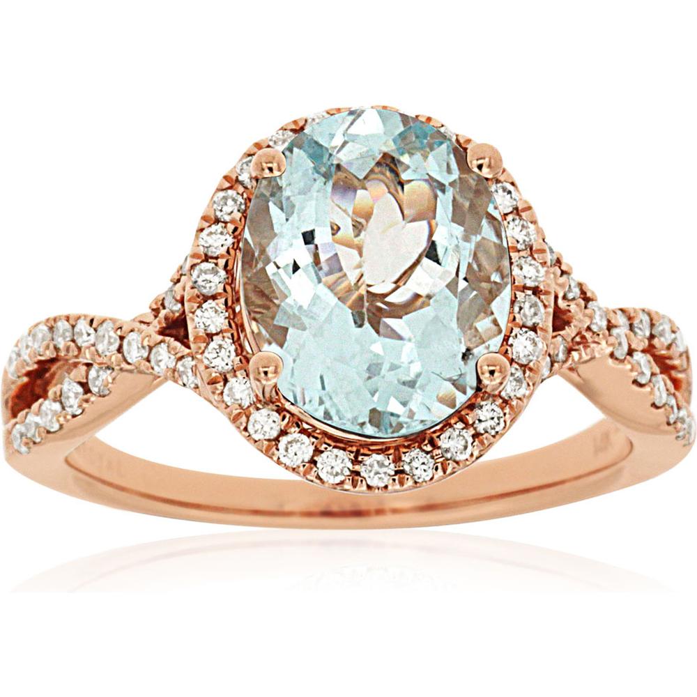 Royal 14K Rose Gold Aquamarine & Diamond Ring - 2.00 Carat Aquamarine, 0.30 Carat Diamond Total Weight
