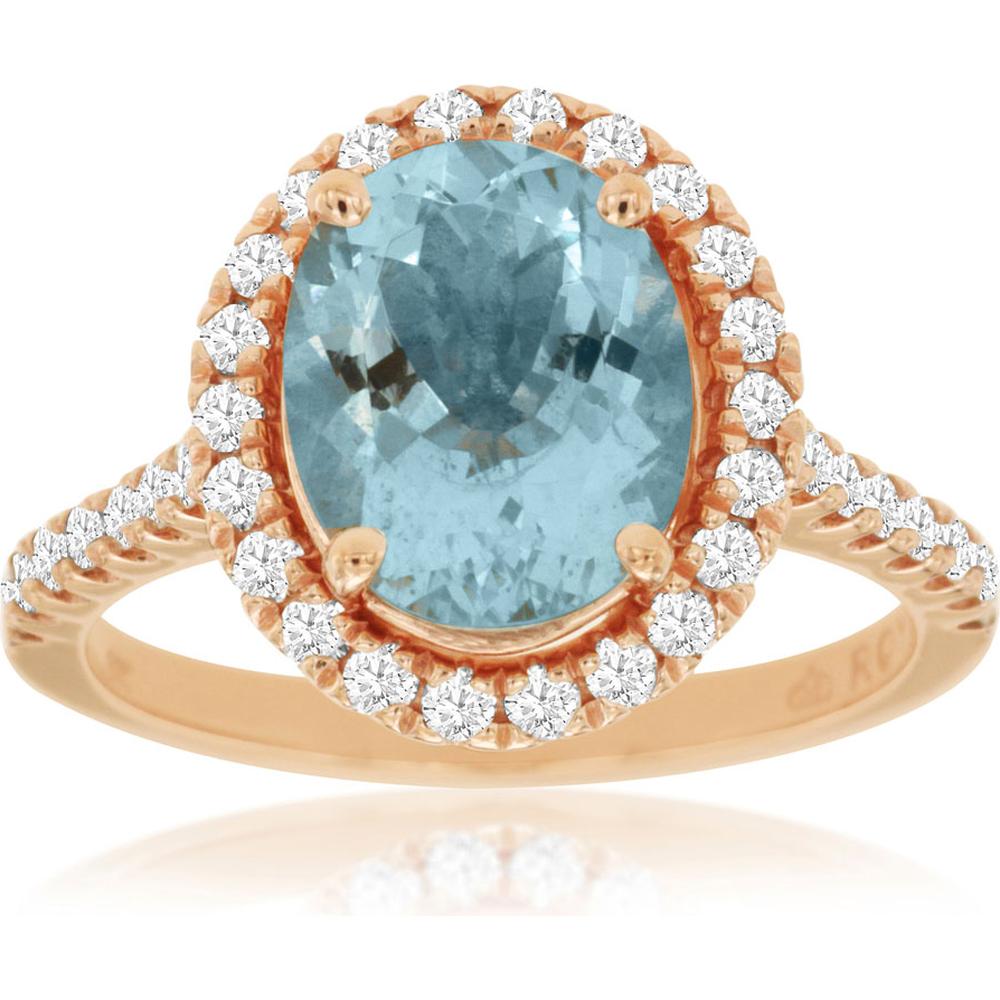 Royal 14K Rose Gold Aquamarine & Diamond Ring - 2.00 Carat Oval Aquamarine, 0.60 Carat Total Diamond Weight
