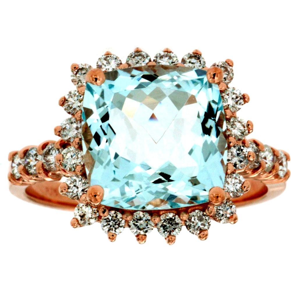 Royal 14K Rose Gold Aquamarine & Diamond Ring - 3.40 Carat Cushion Cut Gem