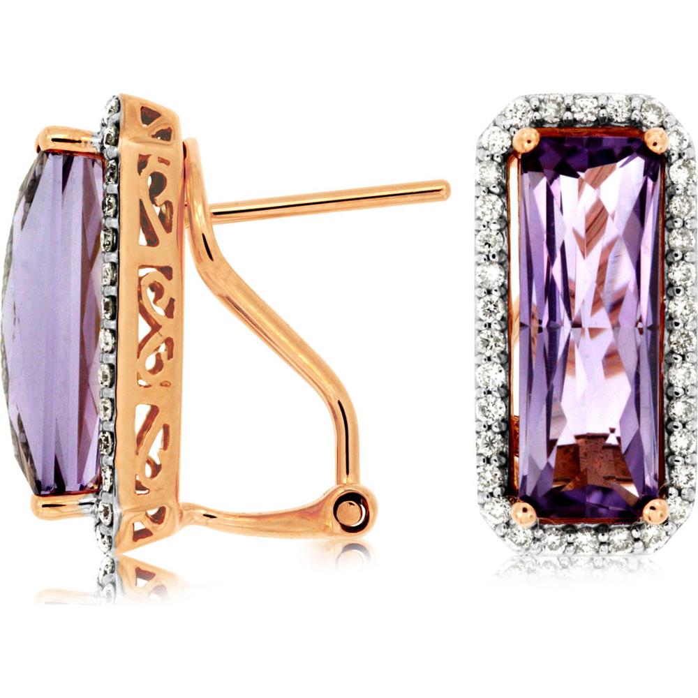 Royal 14K Rose Gold Cushion Cut Amethyst and Diamond Halo Stud Earrings - 5.20 Carat Amethyst, 0.45 Carat Diamond Total Weight
