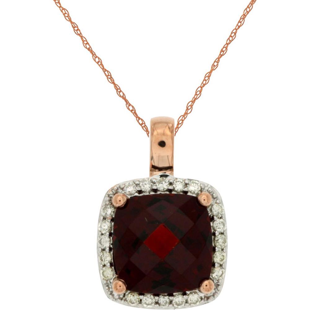 Royal 14K Rose Gold Cushion Cut Garnet and Diamond Halo Pendant - 3.10 Carat Garnet, 0.13 Carat Diamond