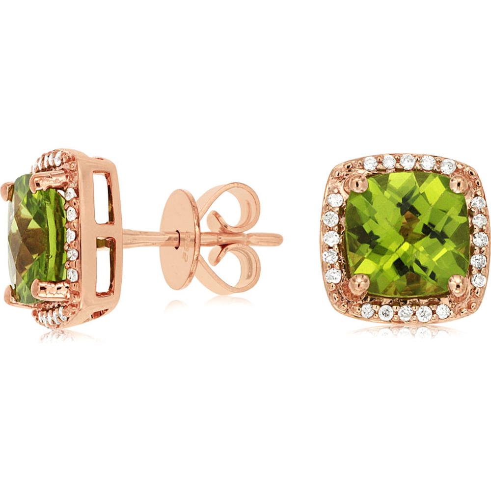 Royal 14K Rose Gold Cushion Cut Peridot & Diamond Earrings - 3.16 Carat Total Gem Weight