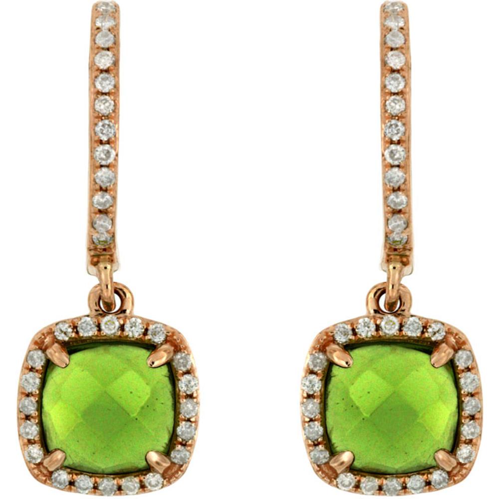 Royal 14K Rose Gold Cushion Cut Peridot and Diamond Halo Earrings - 2.10 Carat Peridot, 0.25 Carat Diamond