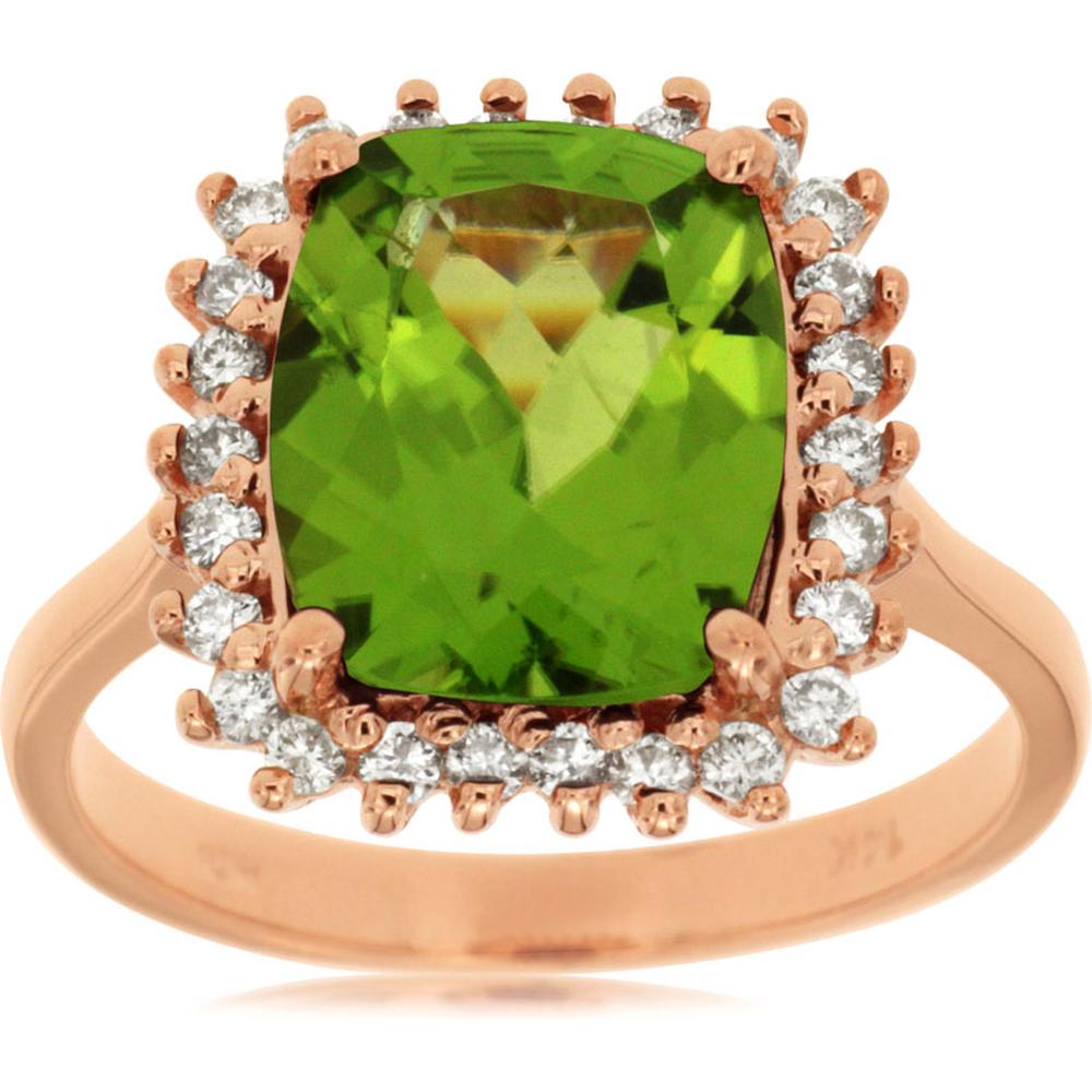 Royal 14K Rose Gold Cushion-Cut Peridot and Diamond Ring - 4.70 Carat Total Gem Weight