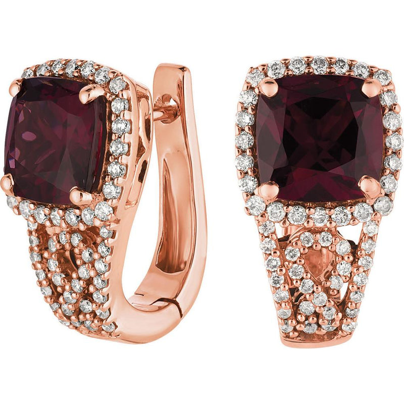 Royal 14K Rose Gold Cushion-Cut Rhodolite and Diamond Earrings - 3.65 Carat Total Gem Weight