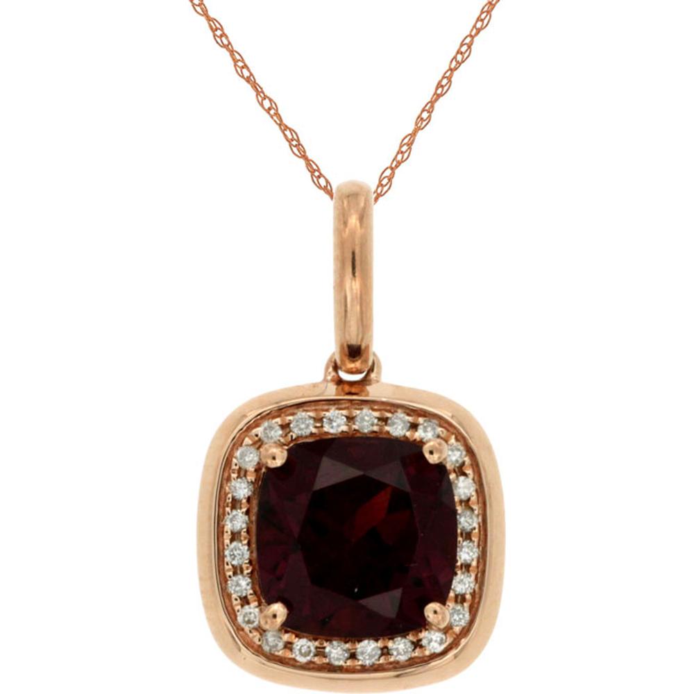 Royal 14K Rose Gold Cushion Cut Rhodolite and Diamond Halo Pendant Necklace - 1.70 Carats Rhodolite and 0.08 Carats Diamonds