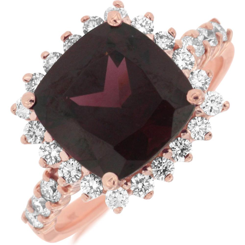 Royal 14K Rose Gold Cushion Cut Rhodolite and Diamond Halo Ring - 4.85 Carats Total Gemstone Weight