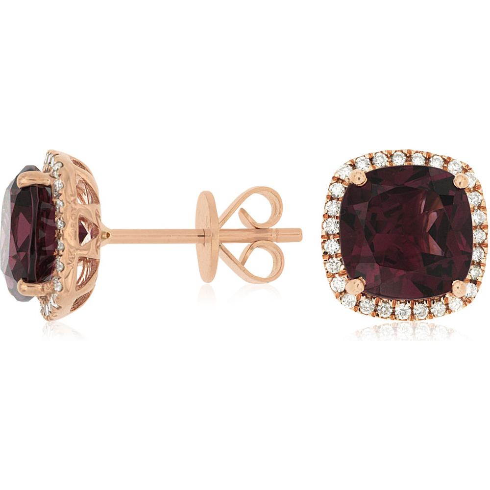 Royal 14K Rose Gold Cushion Cut Rhodolite and Diamond Halo Stud Earrings - 5.15 Carat Total Rhodolite Weight, 0.21 Carat Total Diamond Weight