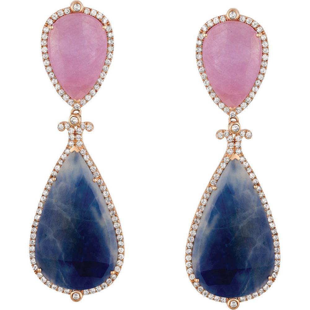 Royal 14K Rose Gold Diamond and Fancy Sapphire Earrings - 1.50 Carat Diamond, 52.50 Carat Fancy Sapphire Total Weight