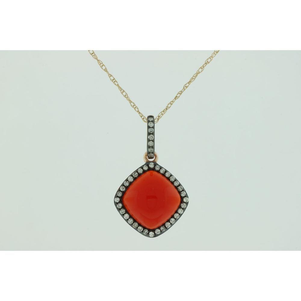 Royal 14K Rose Gold Diamond & Red Agate Cushion Cut Pendant - 0.12 Carat Total Diamond Weight
