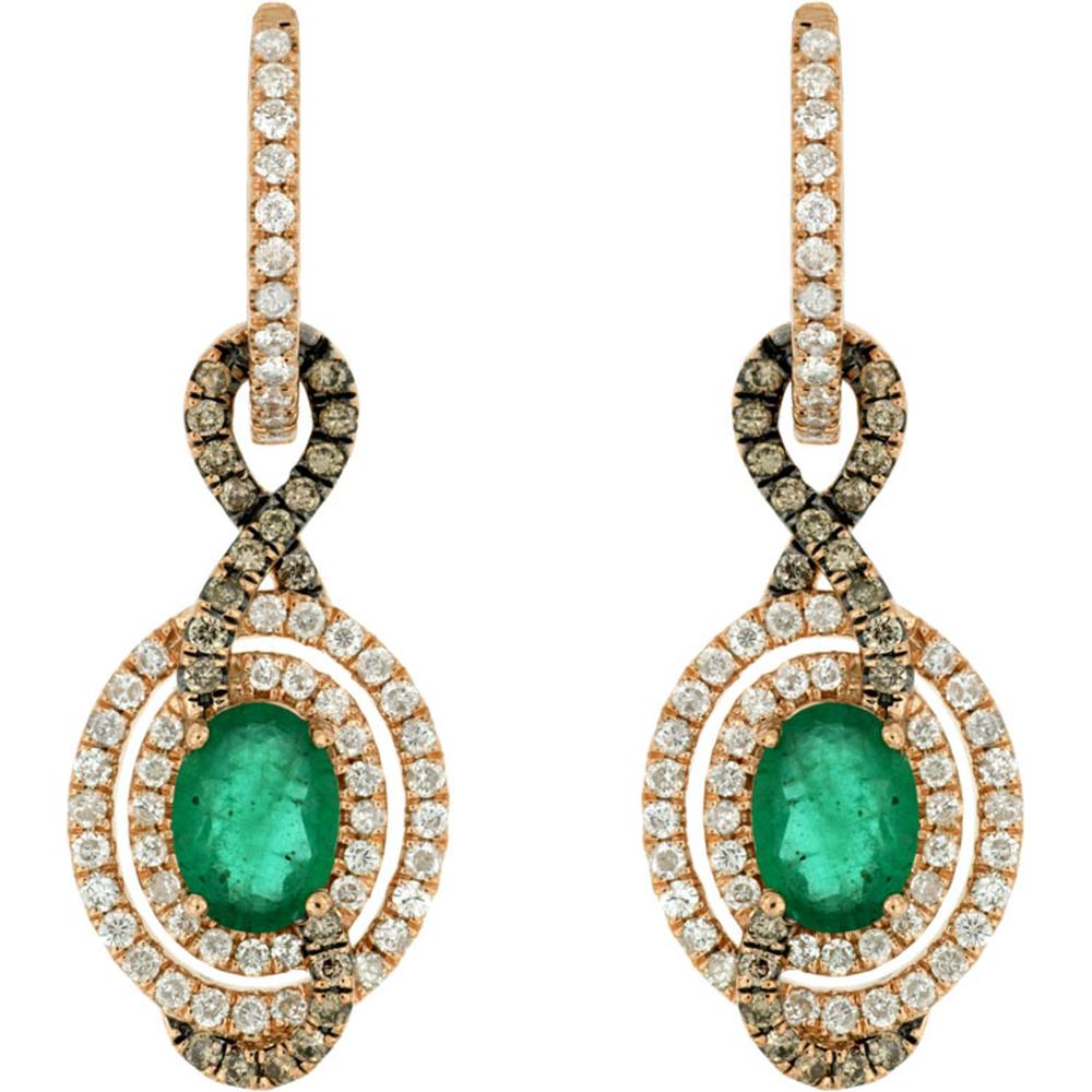 Royal 14K Rose Gold Diamond, Mocha, and Emerald Earrings - 1.60 Carat Oval Emerald